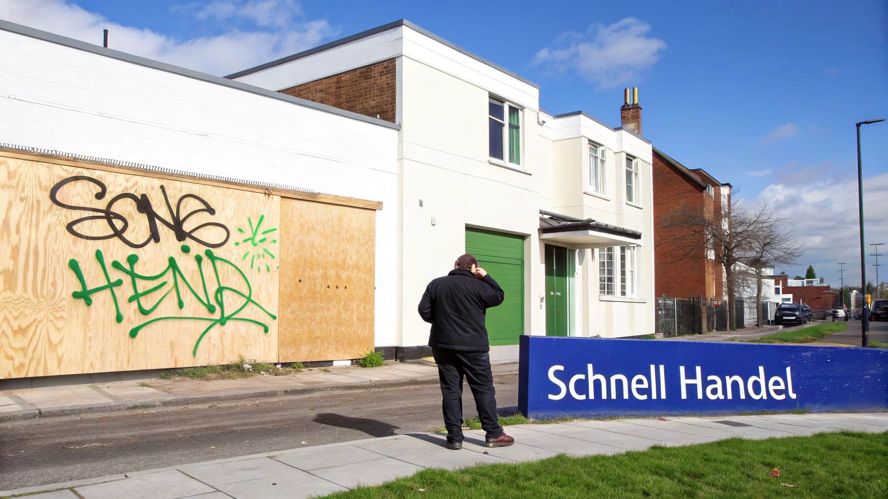 Eine mit Graffiti besprühte Wand wird professionell gereinigt, um den ursprünglichen Zustand wiederherzustellen.