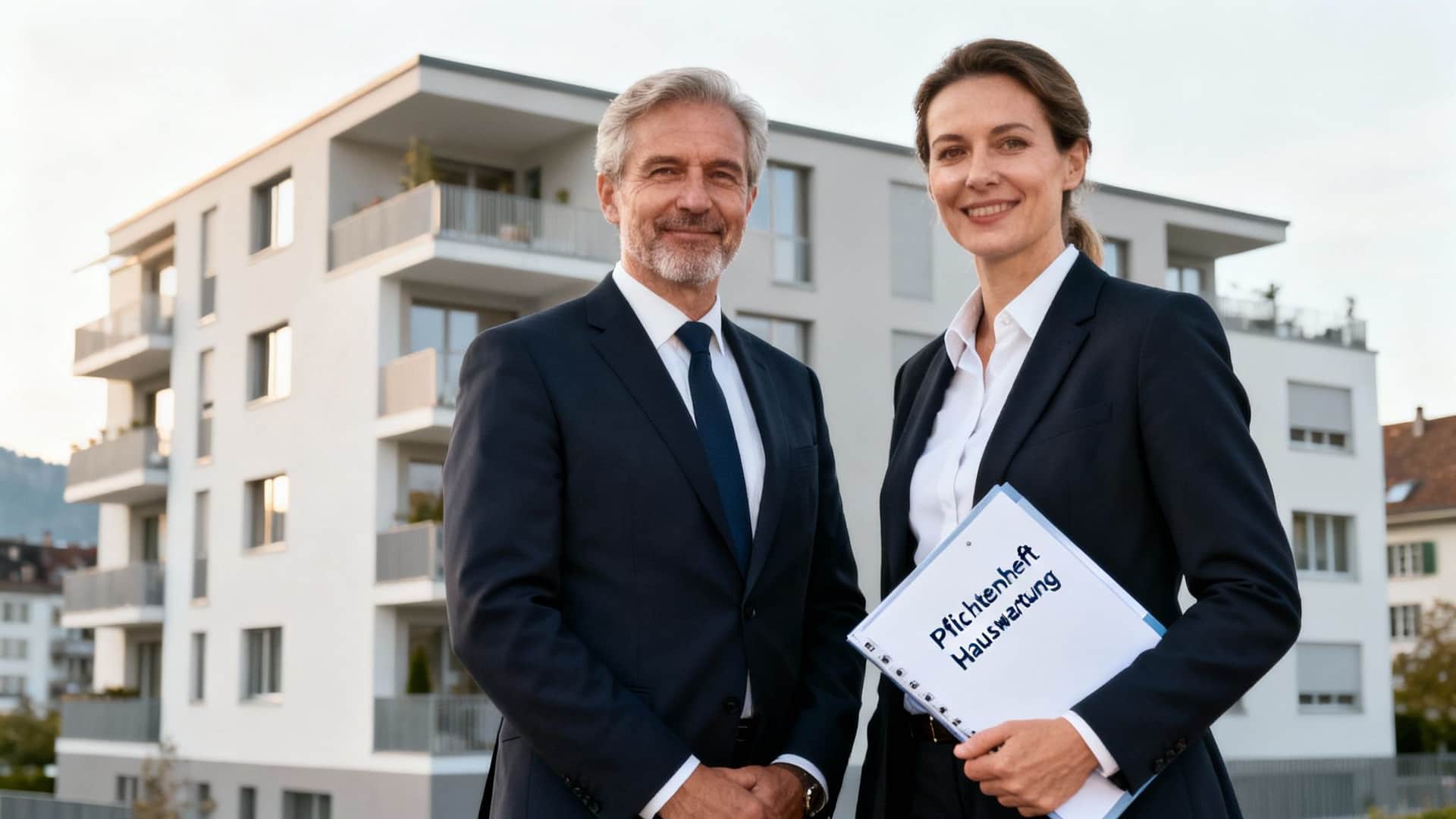 Zwei Geschäftsleute, ein Mann und eine Frau, lächeln vor einem modernen Wohngebäude. Die Frau hält ein Dokument mit der Aufschrift „Pflichtenheft Hauswartung“.