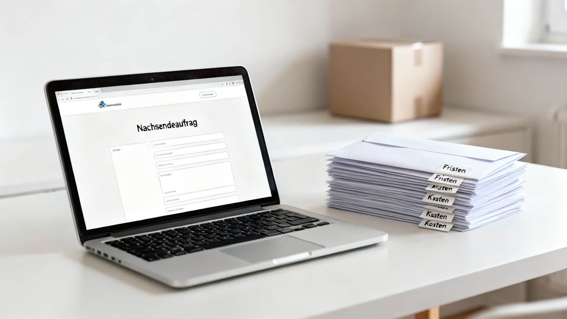 Ein Laptop zeigt einen Online-Nachsendeauftrag, daneben liegen gestapelte Briefumschläge mit Fristen- und Kasten-Beschriftungen.