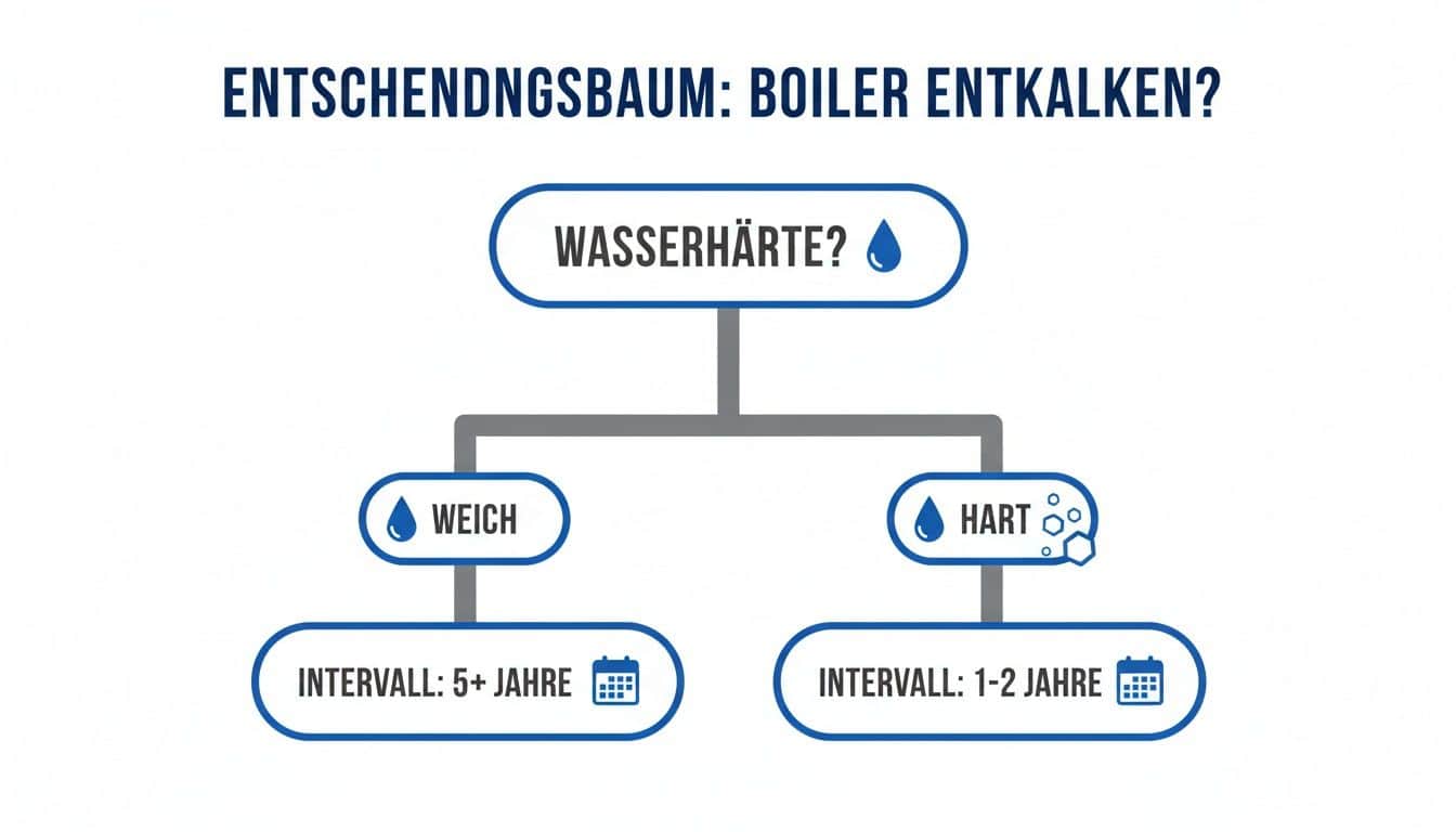 Entscheidungsbaum zur Häufigkeit des Boiler-Entkalkens basierend auf Wasserhärte (weich oder hart).