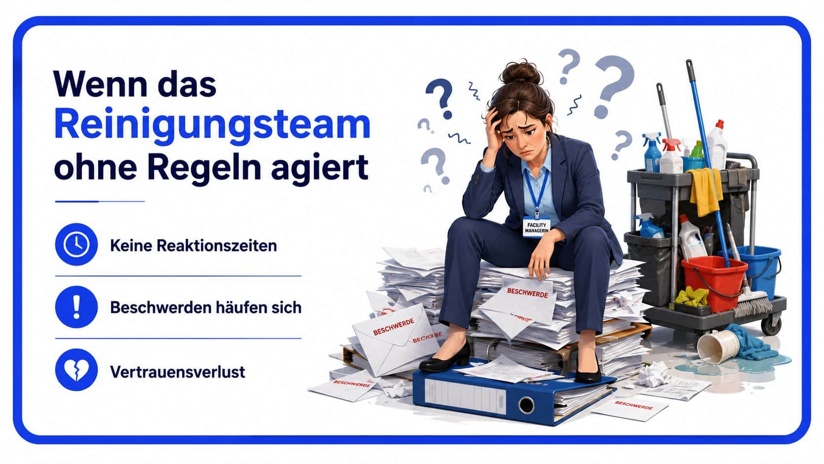 Eine verzweifelte Facility-Managerin sitzt auf einem riesigen Stapel von Beschwerdebriefen aufgrund mangelnder Regeln für ihr Reinigungsteam.