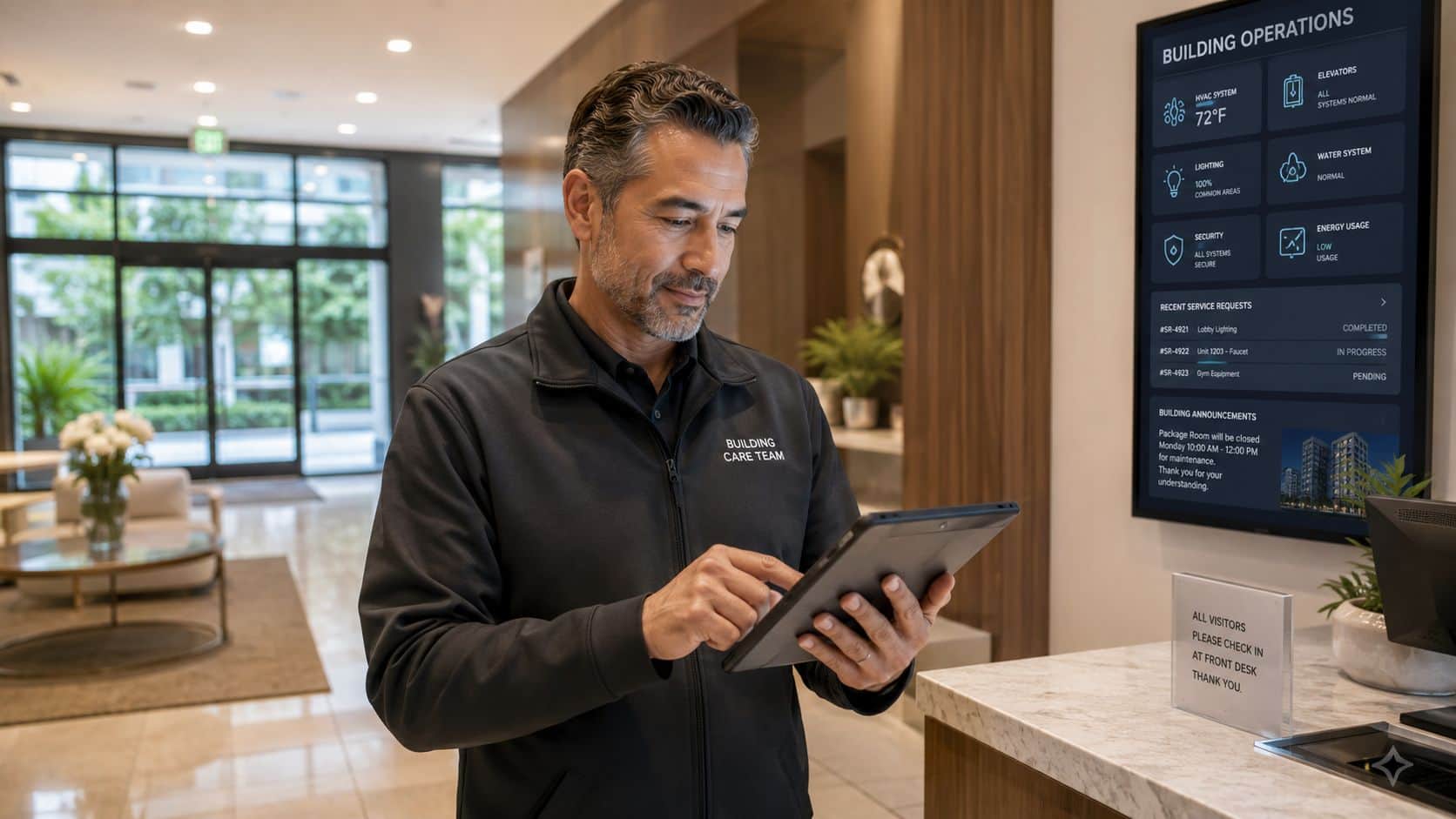Ein Hausmeister in Arbeitskleidung bedient ein Tablet in einer modernen Eingangshalle eines Wohnkomplexes.