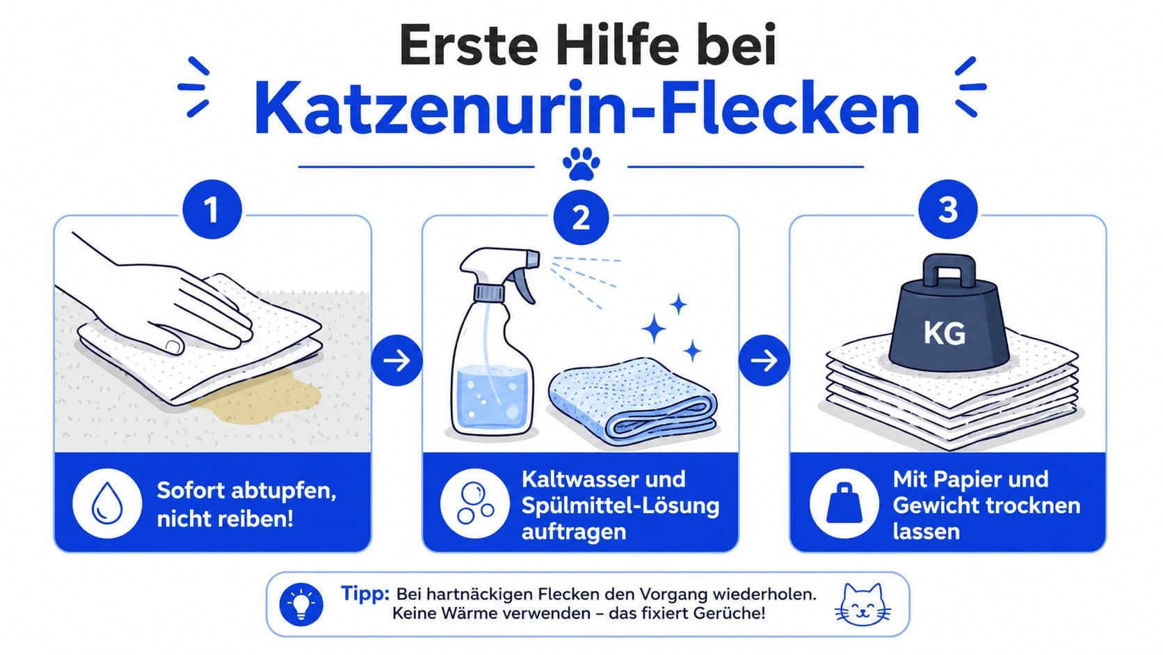 Eine dreischrittige Anleitung zur Entfernung von Katzenurin-Flecken auf Textilien mit Tipps gegen Geruchsbildung.