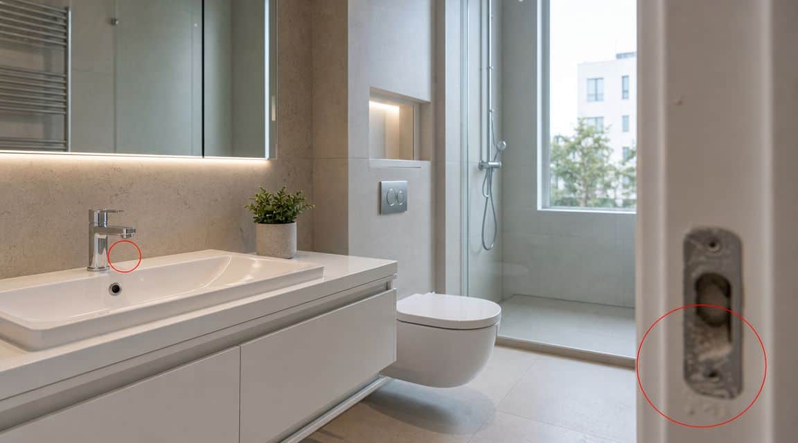 Ein Badezimmer mit einem modernen Waschbecken, hängender Toilette und einem unsauberen Türschloss im Vordergrund als Nahaufnahme.