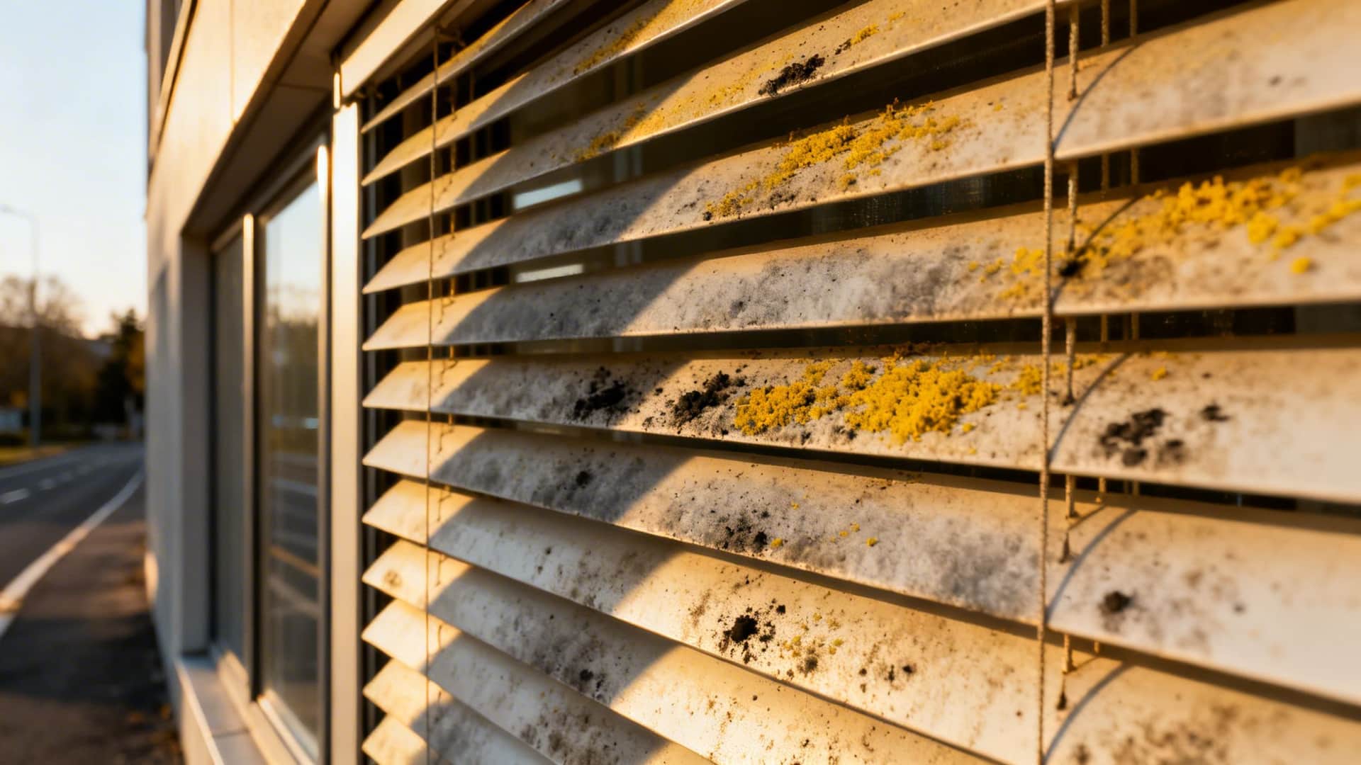 Dreckige, von Schimmel und Pollen verschmutzte Lamellenstoren an einem Gebäude bei Sonnenuntergang für eine professionelle Reinigung.