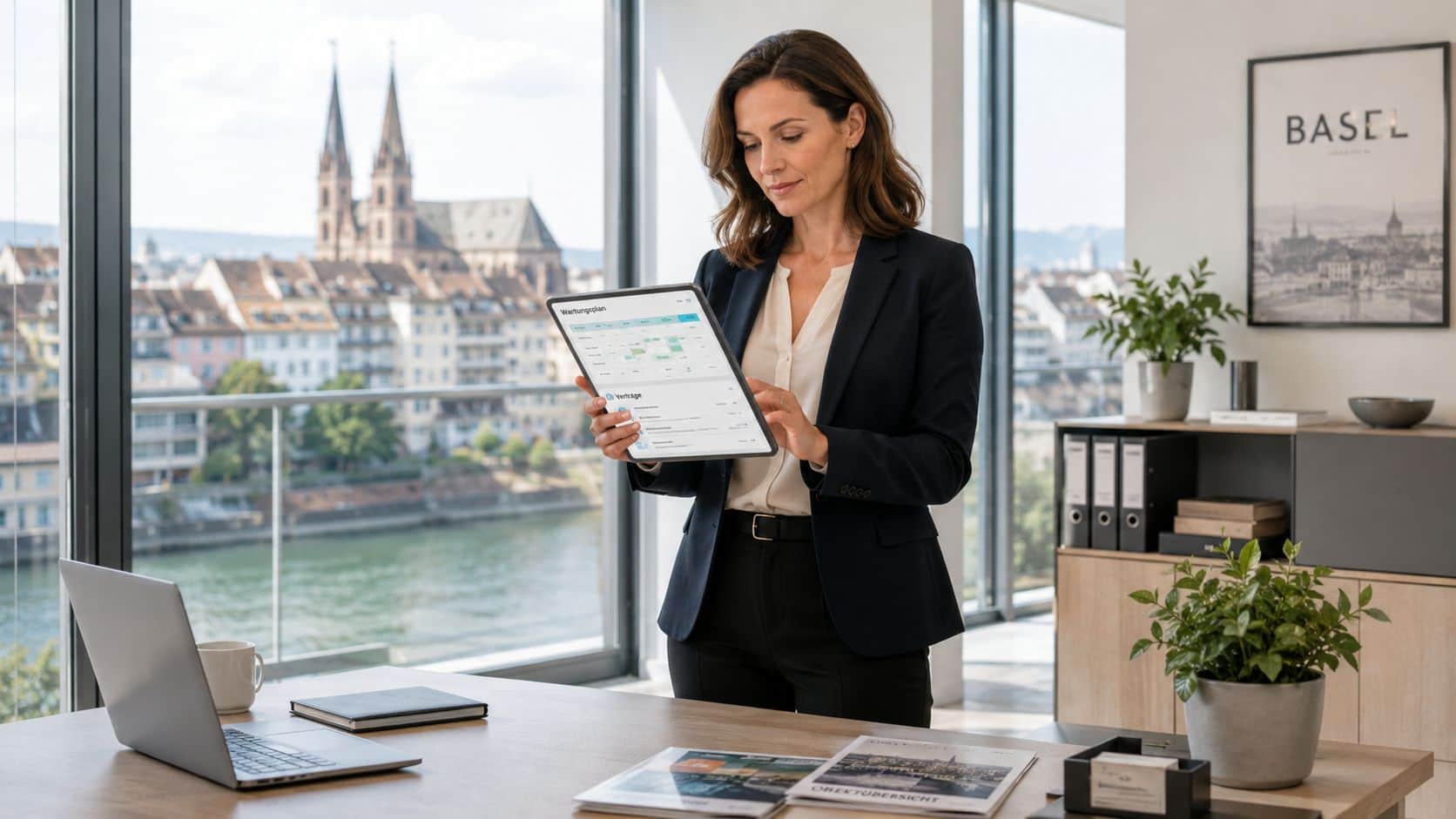 Eine professionelle Geschäftsfrau prüft Wartungspläne auf einem Tablet in einem Büro mit Blick auf Basel.