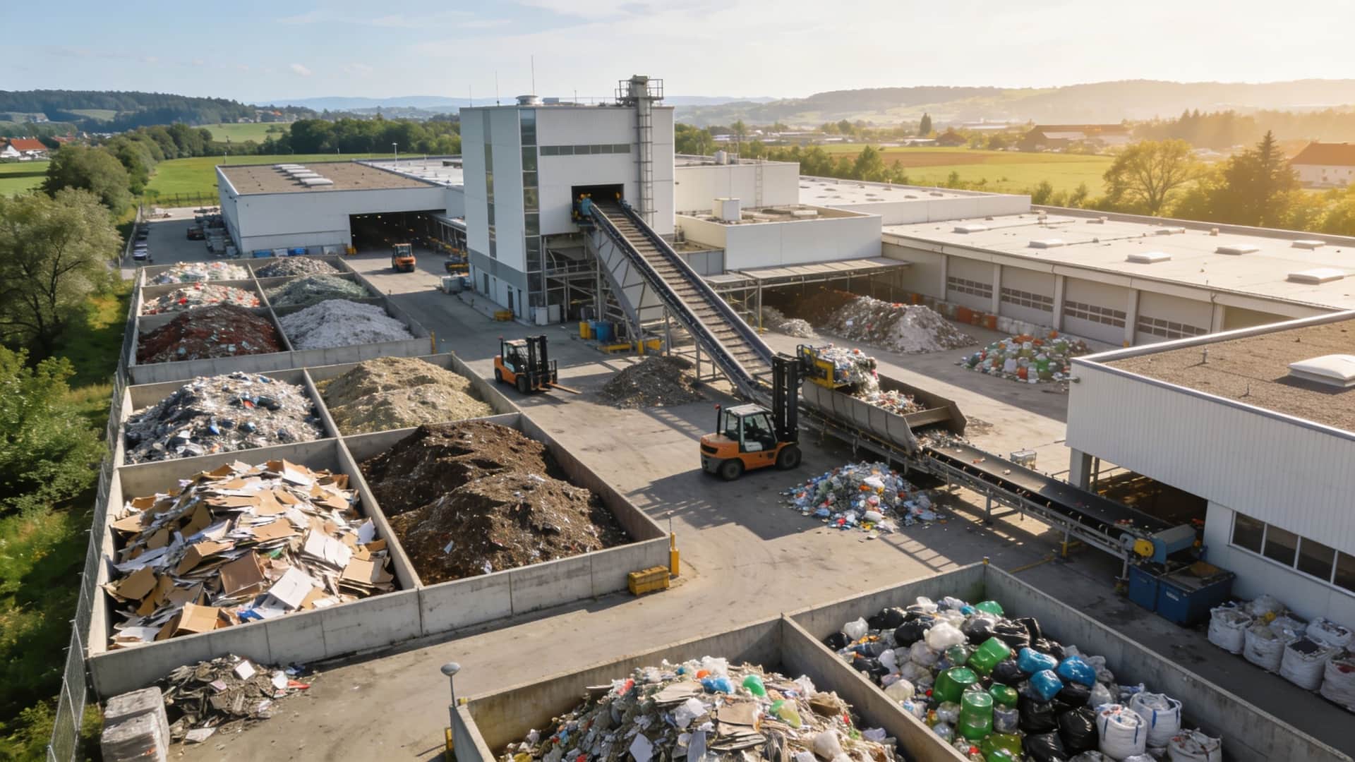 Luftaufnahme einer modernen Recyclinganlage in Frauenfeld mit sortierten Abfallhaufen, Förderbändern und Gabelstaplern bei sonnigem Wetter.
