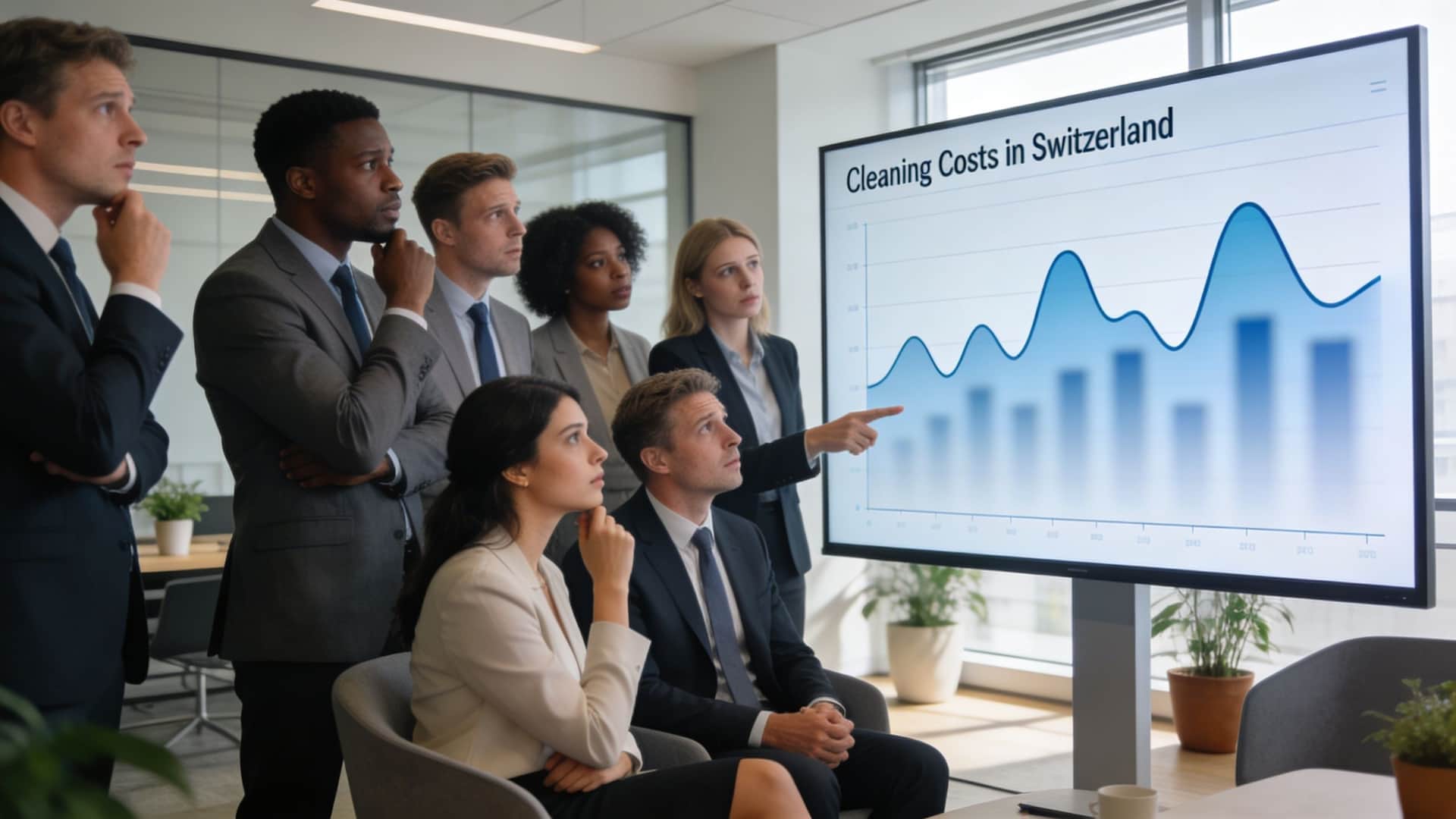 Ein professionelles Team bespricht in einem modernen Büro die steigenden Kosten für die Büroreinigung in der Schweiz.