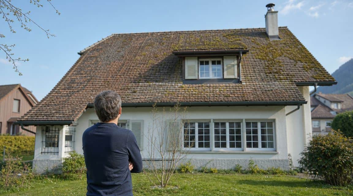 Ein Mann betrachtet ein Haus mit einem renovierungsbedürftigen, mit Moos bedeckten Dach an einem sonnigen Tag.