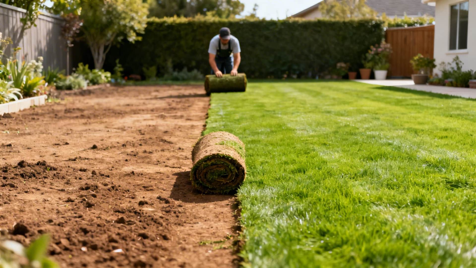 Gärtner verlegt Rollrasen in einem Garten, eine Seite ist bereits begrünt, die andere besteht aus Erde.